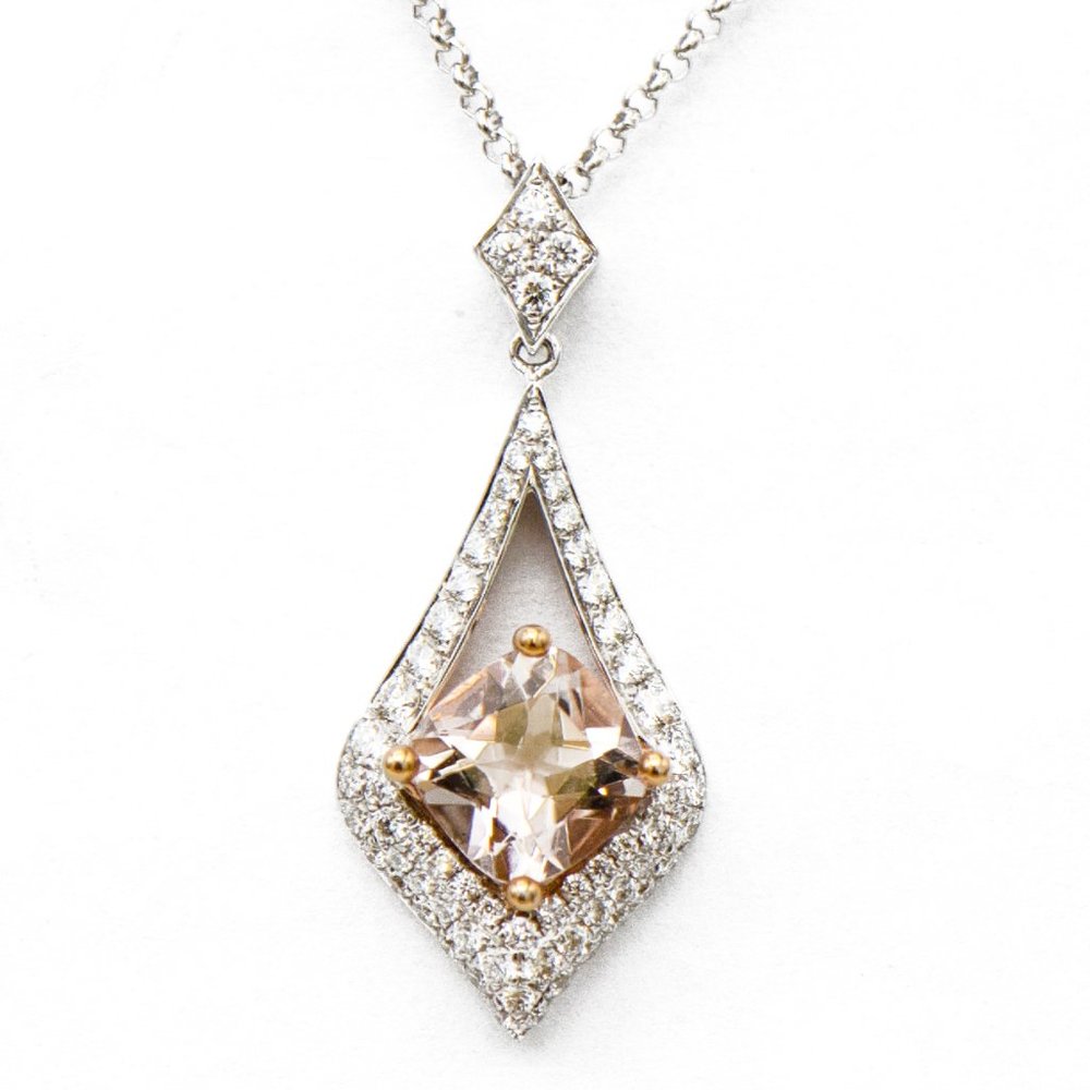 14k White Gold Morganite & Diamond Drop Pendant